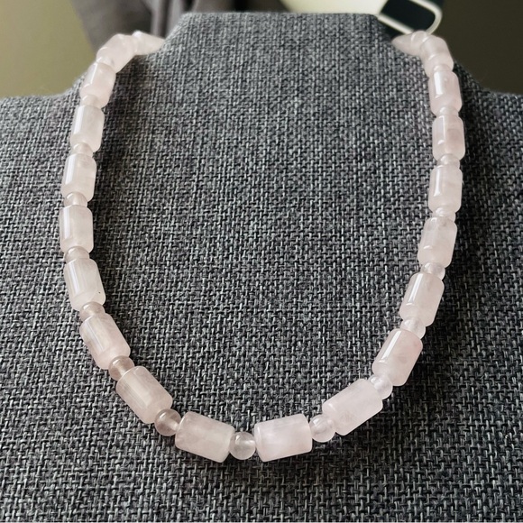 ROSE QUARTZ | Elongated Round Cylindrical Beaded Pink Rose Quartz 18" Necklace - Picture 9 of 12
